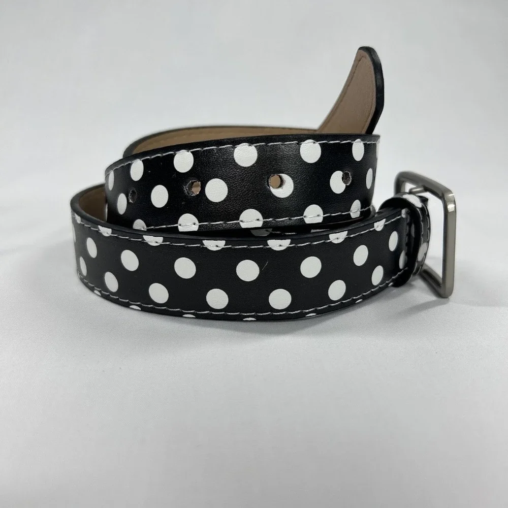 Vintage Retro Black and White Polka Dot Faux Leather Belt Silver Buckle